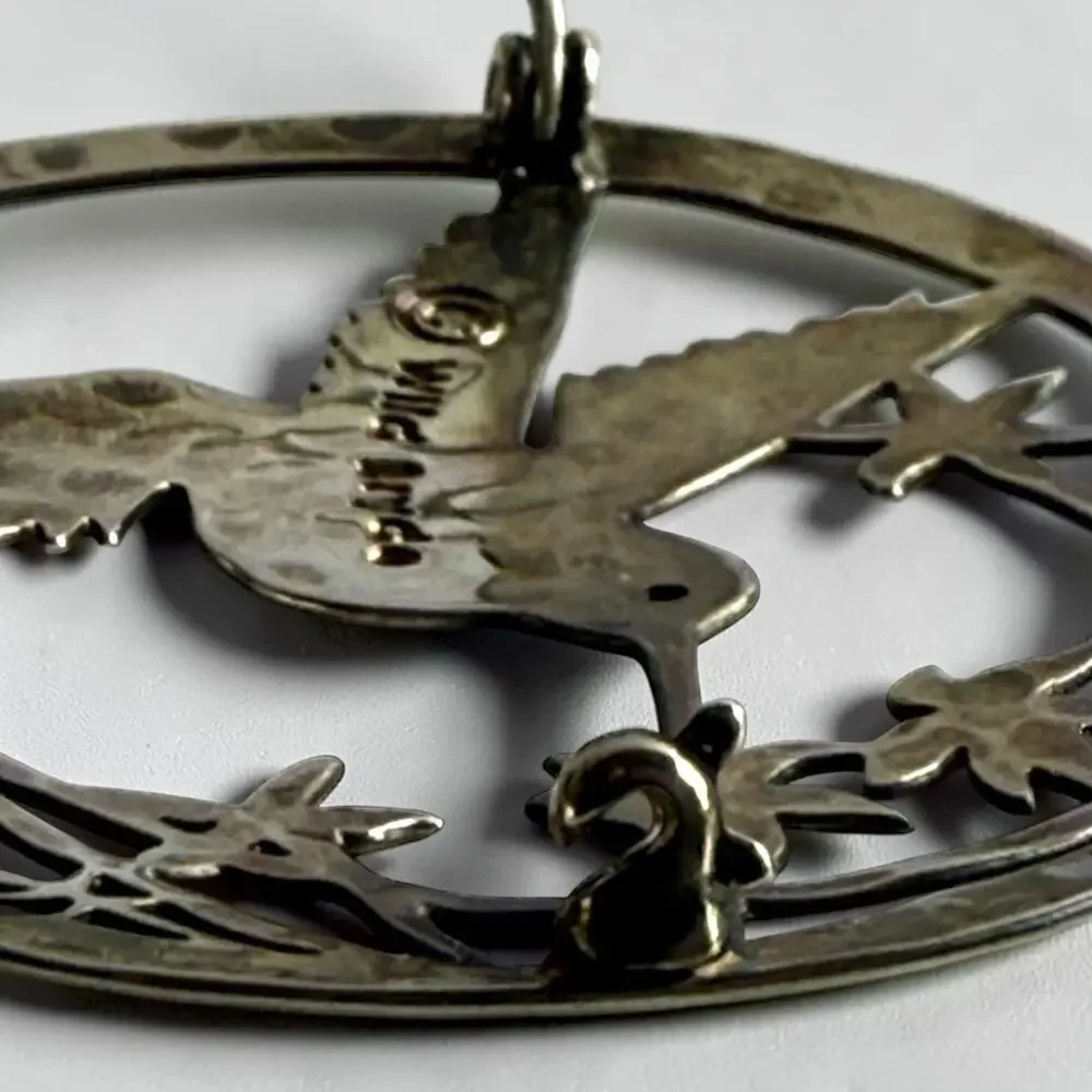 Wild Bryde Hummingbird Brooch Hammered Silver Tone Modernist Bird Circle Pin